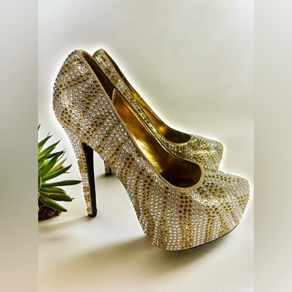 BRECKELLES SHOES HEELS GOLD SIlVER CRYSTAL STILETTO SZ  7 RHINESTONE JEWEL PUMS